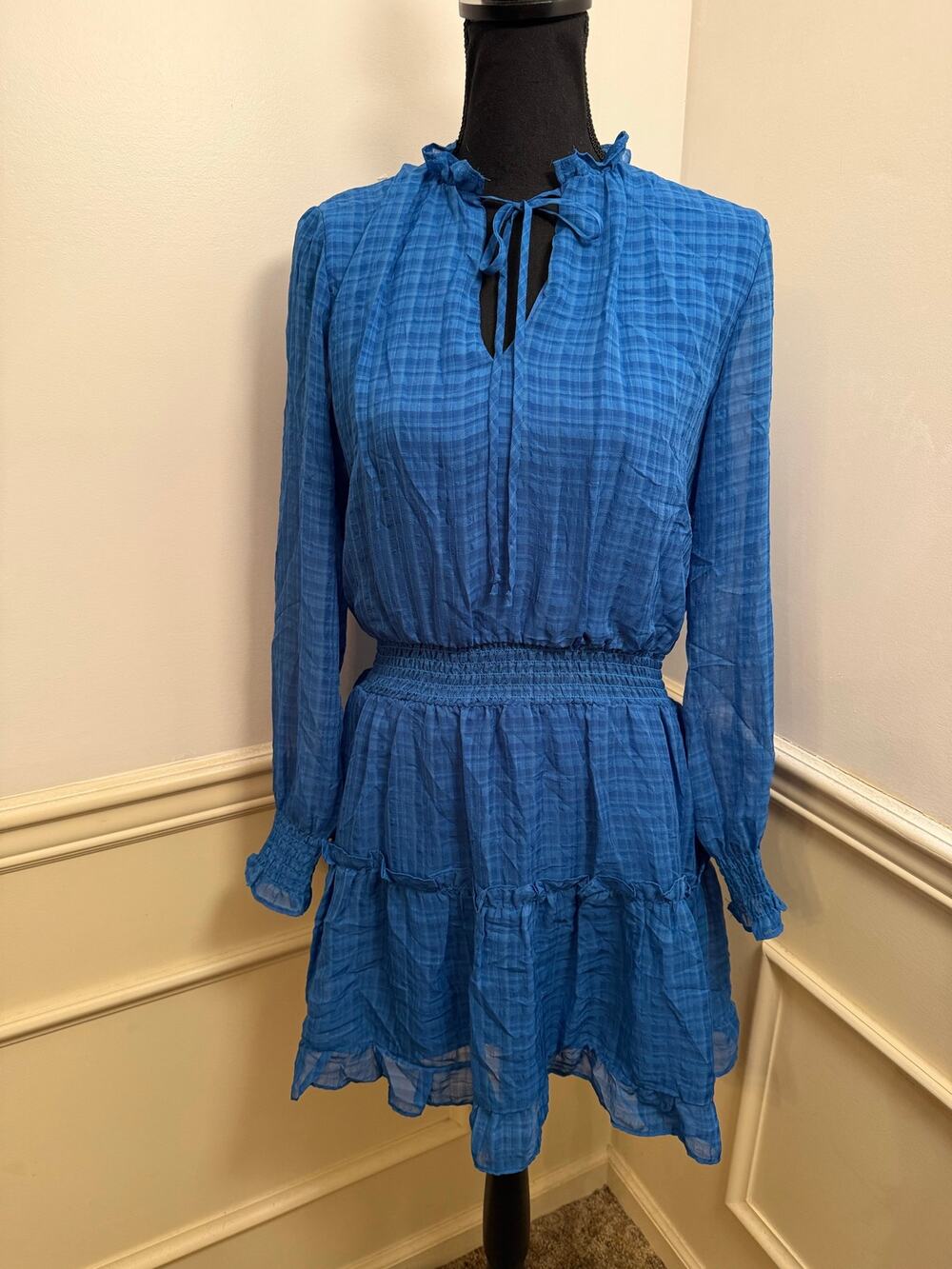 NSR Nordstrom Royal Blue Plaid Ruffle Mini Dress Smocked Waist Long Sleeve Boho